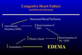 Congestive Heart Failure
Anti-Diuretic Hormone
Anti-Diuretic
Hormone (ADH)
Renal retention of
H2O
Plasma volume
Transudation EDEMA
Decreased Renal Perfusion
Renal retention of
Na + H2O
 