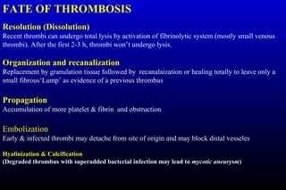 FATE OF THROMBOSIS
Resolution (Dissolution)
Recent thrombi can undergo total lysis by activation of fibrinolytic system (mostly small venous
thrombi). After the first 2-3 h, thrombi won’t undergo lysis.
Organization and recanalization
Replacement by granulation tissue followed by recanalaization or healing totally to leave only a
small fibrous‘Lump’ as evidence of a previous thrombus
Propagation
Accumulation of more platelet & fibrin and obstruction
Embolization
Early & infected thrombi may detache from site of origin and may block distal vesseles
Hyalinization & Calcification
(Degraded thrombus with superadded bacterial infection may lead to mycotic aneurysm)
 