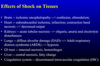 Effects of Shock on Tissues
• Brain -- ischemic encephalopathy --> confusion, obtundation;
• Heart -- subendocardial ischemia, infarction; contraction band
necrosis --> decreased output
• Kidneys -- acute tubular necrosis --> oliguria, anuria and electrolyte
disturbances
• Lungs -- diffuse alveolar damage (DAD) --> Adult respiratory
distress syndrome (ARDS) --> hypoxia
• GI tract -- mucosal necrosis, hemorrhages
• Liver -- central necrosis, fatty change
• Coagulation system -- disseminated intravascular coagulation (DIC)
 