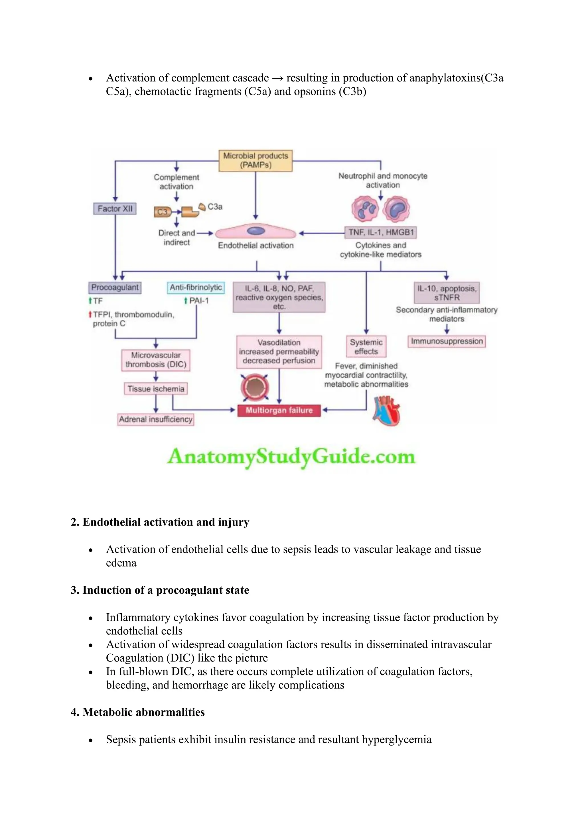 • Activation of complement cascade → resulting in production of anaphylatoxins(C3a
C5a), chemotactic fragments (C5a) and opsonins (C3b)
2. Endothelial activation and injury
• Activation of endothelial cells due to sepsis leads to vascular leakage and tissue
edema
3. Induction of a procoagulant state
• Inflammatory cytokines favor coagulation by increasing tissue factor production by
endothelial cells
• Activation of widespread coagulation factors results in disseminated intravascular
Coagulation (DIC) like the picture
• In full-blown DIC, as there occurs complete utilization of coagulation factors,
bleeding, and hemorrhage are likely complications
4. Metabolic abnormalities
• Sepsis patients exhibit insulin resistance and resultant hyperglycemia
 