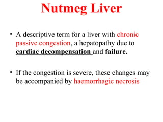Nutmeg Liver
• A descriptive term for a liver with chronic
passive congestion, a hepatopathy due to
cardiac decompensation and failure.
• If the congestion is severe, these changes may
be accompanied by haemorrhagic necrosis

 