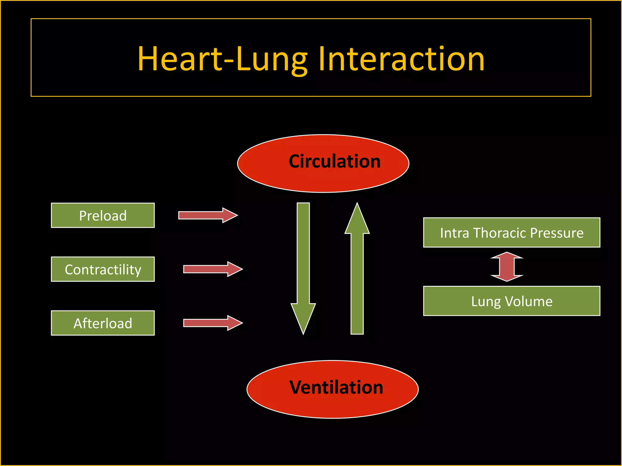 Heart-Lung Interaction
Circulation
Preload
Intra Thoracic Pressure
Contractility

Lung Volume
Afterload

Ventilation

 