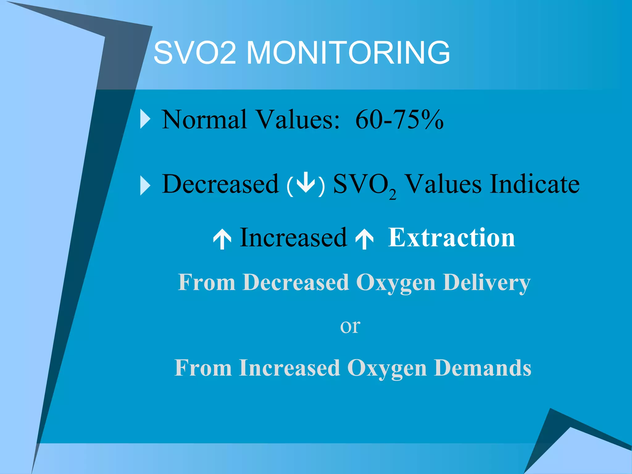 SVO2 MONITORING Normal Values:  60-75% Decreased   (  )   SVO 2  Values Indicate    Increased      Extraction   From Decreased Oxygen Delivery   or   From Increased Oxygen Demands 