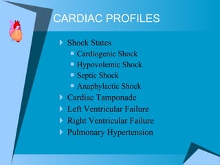 Shock States Cardiogenic Shock Hypovolemic Shock Septic Shock Anaphylactic Shock Cardiac Tamponade Left Ventricular Failure Right Ventricular Failure Pulmonary Hypertension CARDIAC PROFILES 