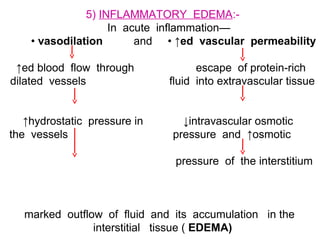 5) INFLAMMATORY EDEMA:-
In acute inflammation—
• vasodilation and • ↑ed vascular permeability
↑ed blood flow through escape of protein-rich
dilated vessels fluid into extravascular tissue
↑hydrostatic pressure in ↓intravascular osmotic
the vessels pressure and ↑osmotic
pressure of the interstitium
marked outflow of fluid and its accumulation in the
interstitial tissue ( EDEMA)
 