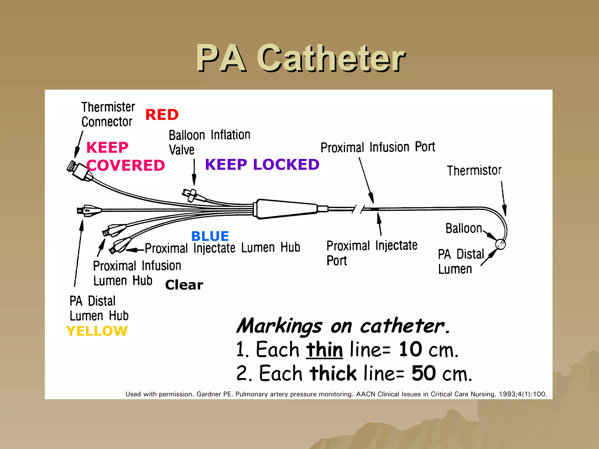 PA Catheter KEEP COVERED KEEP LOCKED YELLOW Clear BLUE RED Markings on catheter. 1. Each  thin  line=  10  cm. 2. Each  thick  line=  50  cm. 