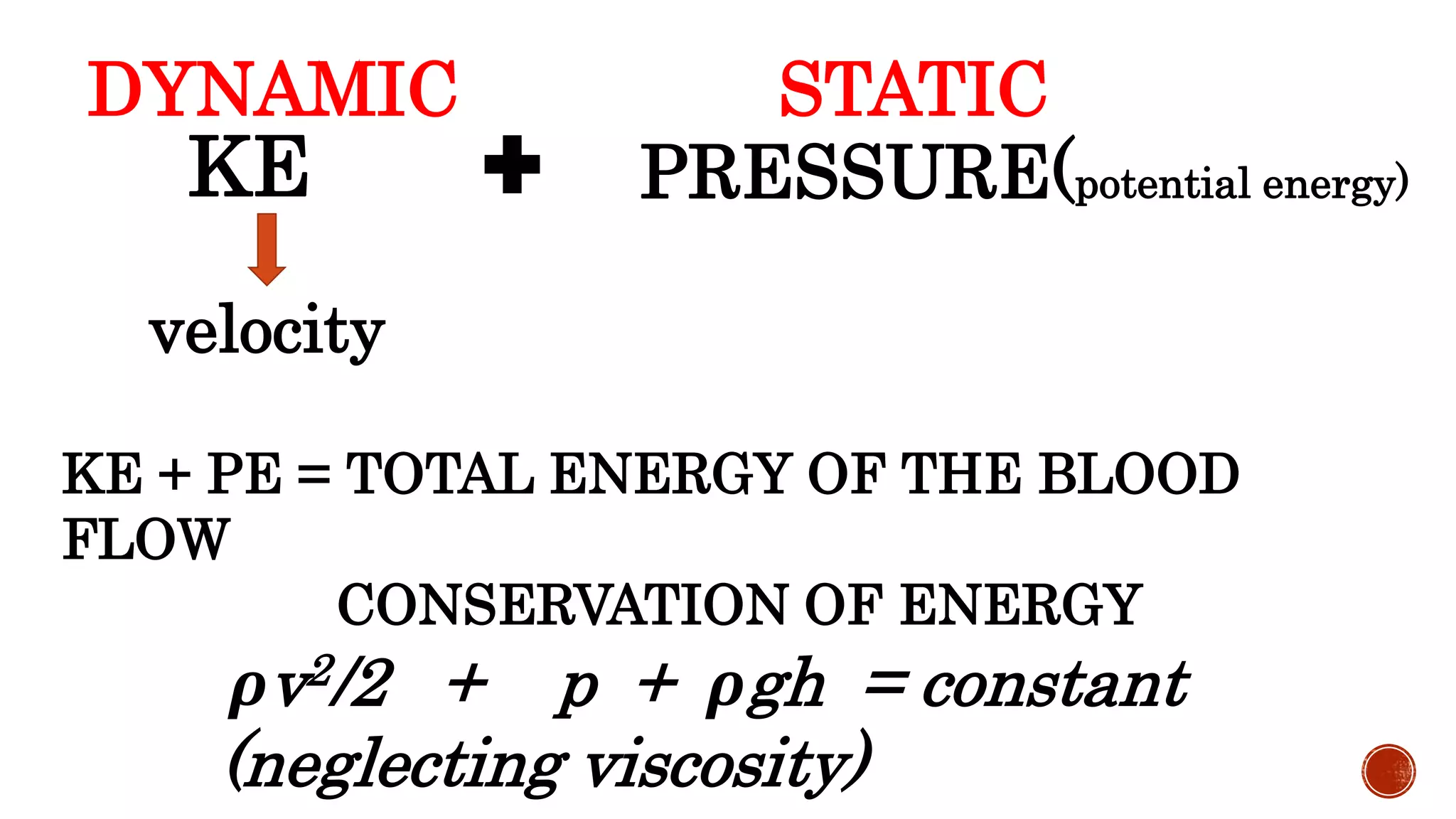 KE PRESSURE(potential energy)
KE + PE = TOTAL ENERGY OF THE BLOOD
FLOW
CONSERVATION OF ENERGY
STATICDYNAMIC
velocity
𝝆v2/2 + p + 𝝆gh = constant
(neglecting viscosity)
 