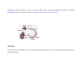 antihypertensive effect of diuretics is due to its effect on blood volume. Generally, the baroreceptor reflex is not targeted
in hypertension because if blocked, individuals may suffer from orthostatic hypotension and fainting.
The Kidney
One of the functions of the kidney is to monitor blood pressure and take corrective action if it should drop. The kidney does this by
secreting the protease
 