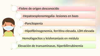 -Fiebre de origen desconocido
-Hepatoesplenomegalia- lesiones en bazo
-Pancitopenia
-Hipofibrinogenemia, ferritina elevada, LDH elevada
Hemofagocitos y leishmaniasis en médula
Elevación de transaminasas, hiperbilirrubinemia
 