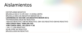 Aislamientos
HISTOPLASMA NEGATIVO
BRUCELLA IGG 0.14 (VR 0.90-1.10 ZONA LÍMITE)
BRUCELLA IGM 2.85 (NEGATIVO MENOR DE 9 )
LEISHMANIA AC IGG IGM 3.29 (NEGATIVO MENOR DE 9)
TRYPANOSOMA CRUZI NO REACTIVO
-VEB IGG REACTIVO, IGM NO REACTIVO, CMV IGG REACTIVO IGM NO REACTIVO
-VEB CARGA VIRAL 10400 (VR 4.02)
-CMV CARGA VIRAL <30 LOG10 <1.48
- VIH 1 Y 2 NO REACTIVO.
ACHB CORE NO REACTIVO
BRUCELLOSIS NO REACTIVO
 