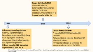 Chinnici A, Beneforti L, Pegoraro F, Trambusti I, Tondo A, Favre C, et al. Approaching hemophagocytic lymphohistiocytosis. Front Immunol. 2023 Jun
22;14:1210041.
1991
Primeras guías diagnósticas
Fiebre y esplenomegalia,
hemofagocitosis en médula ósea,
bazo o ganglios linfáticos,
citopenias, hipertrigliceridemia
y/o hipofibrinogenemia
Primer reporte: 122 pacientes
supervivencia 21% a 5 a
1995
Grupo de Estudio HLH
primer estudio de
tratamiento internacional,
HLH-94 Corticoide,
etopósido, trasplante en FHL
Supervivencia 54%a 5 a
Grupo de Estudio HLH
Protocolo HLH-2004 actualización
criterios
Actividad baja o ausente de células NK
Hiperferritinemia
Niveles elevados de la cadena a del
receptor soluble de IL-2 (sCD25).
2004
 