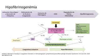 Hipofibrinogenémia
Activación Macrofágica
y Secreción de
Citoquinas
Estimulación de
la Vía de la
Coagulación
Consumo de
Fibrinógeno
(CID)
Degradación de
Fibrina
(Fibrinólisis)
Hipofibrinogenemia
Valade S, Mariotte E, Azoulay E. Coagulation Disorders in Hemophagocytic Lymphohistiocytosis/Macrophage Activation Syndrome. Crit Care Clin. 2020
Apr;36(2):415–26.
 