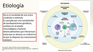 Etiología
No es el resultado de una única
condición o estímulo
Es causado por una constelación
de predisposiciones genéticas,
cambios en el estado
inmunológico y factores
desencadenantes que interactúan
hasta que se alcanza un umbral en
el que se disparan los mecanismos
celulares
Ponnatt TS, Lilley CM, Mirza KM. Hemophagocytic
Lymphohistiocytosis. Arch Pathol Lab Med. 2022 Apr 1;146(4):507–
19.
 