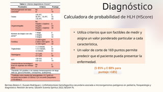 Diagnóstico
Calculadora de probabilidad de HLH (HScore)
• Utiliza criterios que son factibles de medir y
asigna un valor ponderado particular a cada
característica,
• Un valor de corte de 169 puntos permite
predecir que el paciente pueda presentar la
enfermedad.
Bermeo-Botero C, Dussán-Rodríguez J. Linfohistiocitosis hemofagocítica secundaria asociada a microorganismos patógenos en pediatría, fisiopatología y
diagnóstico: Revisión de tema. Salutem Scientia Spiritus 2022; 8(3):64-76.
 
