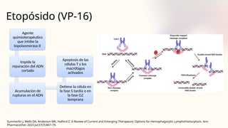 Etopósido (VP-16)
Summerlin J, Wells DA, Anderson MK, Halford Z. A Review of Current and Emerging Therapeutic Options for Hemophagocytic Lymphohistiocytosis. Ann
Pharmacother. 2023 Jul;57(7):867–79.
Agente
quimioterapéutico
que inhibe la
topoisomerasa II
Impide la
reparación del ADN
cortado
Acumulación de
rupturas en el ADN
Detiene la célula en
la fase S tardía o en
la fase G2
temprana
Apoptosis de las
células T y los
macrófagos
activados
 