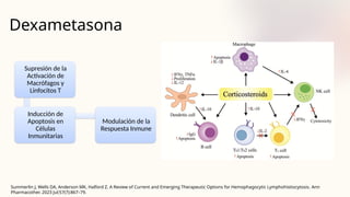 Dexametasona
Summerlin J, Wells DA, Anderson MK, Halford Z. A Review of Current and Emerging Therapeutic Options for Hemophagocytic Lymphohistiocytosis. Ann
Pharmacother. 2023 Jul;57(7):867–79.
Supresión de la
Activación de
Macrófagos y
Linfocitos T
Inducción de
Apoptosis en
Células
Inmunitarias
Modulación de la
Respuesta Inmune
 