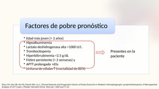 • Edad más joven (< 2 años)
• Hipoalbuminemia
• Lactato deshidrogenasa alta >1000 U/L
• Trombocitopenia
• Hiperbilirrubinemia <2.5 g/dL
• Fiebre persistente (> 2 semanas) y
• APTT prolongado >65s
• Linfoma de células T (mortalidad de 80%)
Factores de pobre pronóstico
Presentes en la
paciente
Zhou YH, Han XR, Xia FQ, Poonit ND, Liu L. Clinical Features and Prognostic Factors of Early Outcome in Pediatric Hemophagocytic Lymphohistiocytosis: A Retrospective
Analysis of 227 Cases. J Pediatr Hematol Oncol. 2022 Jan 1;44(1):e217–22.
 