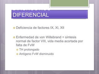 DIAGNOSTICO
DIFERENCIAL
 Deficiencia de factores IX, XI, XII
 Enfermedad de von Willebrand = síntesis
normal de factor VIII, vida media acortada por
falta de FvW
 TH prolongado
 Antígeno FvW disminuido
 