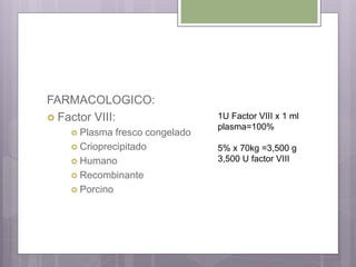 FARMACOLOGICO:
 Factor VIII:
 Plasma fresco congelado
 Crioprecipitado
 Humano
 Recombinante
 Porcino
1U Factor VIII x 1 ml
plasma=100%
5% x 70kg =3,500 g
3,500 U factor VIII
 