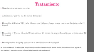 Tratamiento
• No existe tratamiento curativo
• Administrar por vía IV del factor deficiente
• Hemofilia A (Factor VIII cada 8 horas por 24 horas, luego puede continuar la dosis cada 12
horas)
• Hemofilia B (Factor IX cada 12 mínimo por 24 horas, luego puede continuar la dosis cada 12-
18 horas)
• Desmopresina (0.3g/Kg peso en 20 a 30 ml solución fisiológica)
RL. Nussbaum, RR Mclnnes, H.F. Willard. (2008). Thompson&Thompson. Genética en Medicina. Caso 18. Hemofilia. 7°edición. Elsevier Masson, España. Ppg. 266-267
GPC, Diagnóstico y tratamiento de Hemofilia en Adultos. Catálogo Maestro de guías de práctica clínica
 