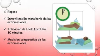  Reposo
 Inmovilización transitoria de las
articulaciones.
 Aplicación de Hielo Local Por
30 minutos.
 Medicion comparativa de las
articulaciones.
 