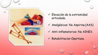  Elevación de la extremidad
articulada.
 Analgésicos: No Aspirina.(AAS)
 Anti-inflamatorios: No AINES
 Rehabilitacion Oportuna.
 