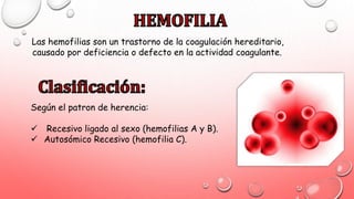 Las hemofilias son un trastorno de la coagulación hereditario,
causado por deficiencia o defecto en la actividad coagulante.
Según el patron de herencia:
 Recesivo ligado al sexo (hemofilias A y B).
 Autosómico Recesivo (hemofilia C).
 