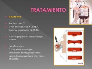  Restitución
 Por inyección IV:
 factor de coagulación VIII (H. A)
- factor de coagulación IX (H. B).
 *Pueden prepararse a partir de sangre
humana
 Complicaciones:
 Formación de anticuerpos
 Transmisión de infecciones virales.
 Lesión de articulaciones, u otras partes
del cuerpo.
 