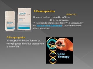 Desmopresina
(DDAVP)
Hormona sintética contra -Hemofilia A
-H. leve o moderada.
Estimula la liberación de factor VIII almacenado y
del factor de von Willebrand Administración en
ciertas situaciones.
Terapia génica
Investigadores buscan formas de
corregir genes alterados causante de
la hemofilia.
 