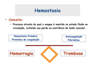 Hemostasia
• Conceito:
– Processo através do qual o sangue é mantido no estado fluido na
circulação, evitando sua perda na ocorrência de lesão vascular.
TromboseHemorragia
Hemostasia Primária
Proteínas da coagulação
Anticoagulação
Fibrinólise
 