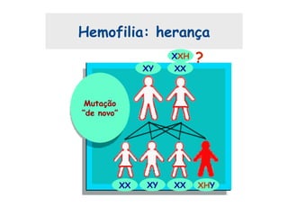 Hemofilia: herança
Mutação
“de novo”
XX XXXY XHY
XXXY
XXH ?
 