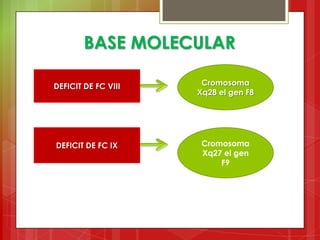 BASE MOLECULAR
DEFICIT DE FC VIII Cromosoma
Xq28 el gen F8
DEFICIT DE FC IX Cromosoma
Xq27 el gen
F9
