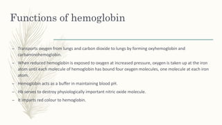 Functions of hemoglobin
– Transports oxygen from lungs and carbon dioxide to lungs by forming oxyhemoglobin and
carbaminohemoglobin.
– When reduced hemoglobin is exposed to oxygen at increased pressure, oxygen is taken up at the iron
atom until each molecule of hemoglobin has bound four oxygen molecules, one molecule at each iron
atom.
– Hemoglobin acts as a buffer in maintaining blood pH.
– Hb serves to destroy physiologically important nitric oxide molecule.
– It imparts red colour to hemoglobin.
 