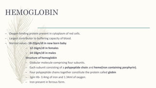 HEMOGLOBIN
– Oxygen binding protein present in cytoplasm of red cells.
– Largest contributor to buffering capacity of blood.
– Normal value:- 18-22gm/dl in new born baby
– 12-16gm/dl in females
– 14-18gm/dl in males
Structure of hemoglobin
– Globular molecule comprising four subunits.
– Each subunit consisting of a polypeptide chain and heme(iron containing porphyrin).
– Four polypeptide chains together constitute the protein called globin
– 1gm Hb- 3.4mg of iron and 1.34ml of oxygen.
– Iron present in ferrous form.
 