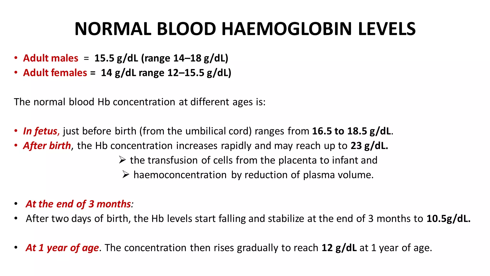 NORMAL BLOOD HAEMOGLOBIN LEVELS
• Adult males = 15.5 g/dL (range 14–18 g/dL)
• Adult females = 14 g/dL range 12–15.5 g/dL)
The normal blood Hb concentration at different ages is:
• In fetus, just before birth (from the umbilical cord) ranges from 16.5 to 18.5 g/dL.
• After birth, the Hb concentration increases rapidly and may reach up to 23 g/dL.
➢ the transfusion of cells from the placenta to infant and
➢ haemoconcentration by reduction of plasma volume.
• At the end of 3 months:
• After two days of birth, the Hb levels start falling and stabilize at the end of 3 months to 10.5g/dL.
• At 1 year of age. The concentration then rises gradually to reach 12 g/dL at 1 year of age.
 