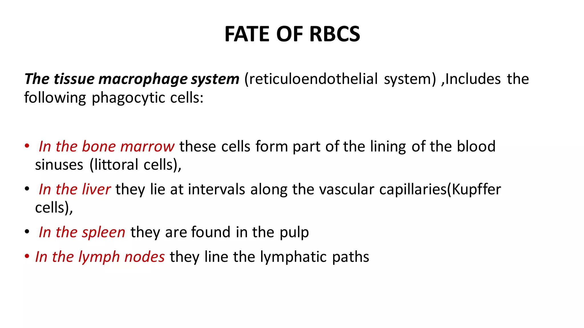 FATE OF RBCS
The tissue macrophage system (reticuloendothelial system) ,Includes the
following phagocytic cells:
• In the bone marrow these cells form part of the lining of the blood
sinuses (littoral cells),
• In the liver they lie at intervals along the vascular capillaries(Kupffer
cells),
• In the spleen they are found in the pulp
• In the lymph nodes they line the lymphatic paths
 