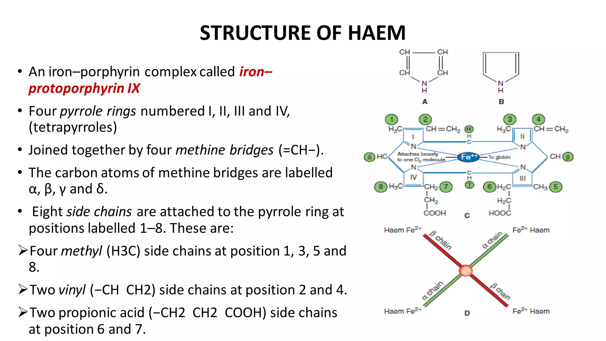 STRUCTURE OF HAEM
• An iron–porphyrin complex called iron–
protoporphyrin IX
• Four pyrrole rings numbered I, II, III and IV,
(tetrapyrroles)
• Joined together by four methine bridges (=CH−).
• The carbon atoms of methine bridges are labelled
α, β, γ and δ.
• Eight side chains are attached to the pyrrole ring at
positions labelled 1–8. These are:
➢Four methyl (H3C) side chains at position 1, 3, 5 and
8.
➢Two vinyl (−CH CH2) side chains at position 2 and 4.
➢Two propionic acid (−CH2 CH2 COOH) side chains
at position 6 and 7.
 