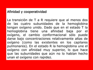 Afinidad y cooperatividad
La transición de T a R requiere que al menos dos
de las cuatro subunidades de la hemoglobina
tengan oxígeno unido. Dado que en el estado T la
hemoglobina tiene una afinidad baja por el
oxígeno, el cambio conformacional sólo puede
darse bajo concentraciones relativamente altas de
oxígeno (como las existentes en los capilares
pulmonares). En el estado R la hemoglobina une el
oxígeno con afinidad muy superior, lo que hace
que las subunidades que aún no lo habían hecho
unan el oxígeno con rapidez.
 