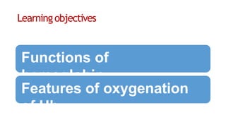 Learningobjectives
Functions of
hemoglobin
Features of oxygenation
of Hb
 