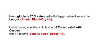 • Hemoglobin is 97 % saturated with Oxygen when it leaves the
Lungs- (Arterial Blood-Oxy Hb).
• Under resting conditions Hb is about 75% saturated with
Oxygen
when it returns-(Venous blood- Deoxy Hb).
 