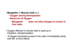 • Myoglobin in Muscle Cells is a:
• Oxygen storing Hemoprotein
• Reservoir of Oxygen
• Myoglobin does not allow Oxygen to remain in
free state:
• Oxygen diffused in muscle cells is used up in
Oxidative phosphorylation.
• If Oxygen remained unused in the cells it immediately binds
with Mb to form MbO2
 