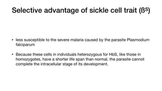 Selective advantage of sickle cell trait (ßS)
• less susceptible to the severe malaria caused by the parasite Plasmodium
falciparum
• Because these cells in individuals heterozygous for HbS, like those in
homozygotes, have a shorter life span than normal, the parasite cannot
complete the intracellular stage of its development.
 