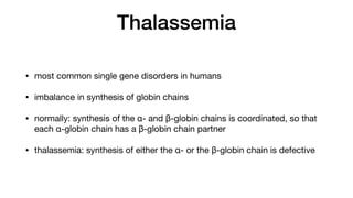 Thalassemia
• most common single gene disorders in humans
• imbalance in synthesis of globin chains
• normally: synthesis of the α- and β-globin chains is coordinated, so that
each α-globin chain has a β-globin chain partner
• thalassemia: synthesis of either the α- or the β-globin chain is defective
 