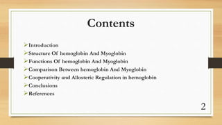 2
Contents
Introduction
Structure Of hemoglobin And Myoglobin
Functions Of hemoglobin And Myoglobin
Comparison Between hemoglobin And Myoglobin
Cooperativity and Allosteric Regulation in hemoglobin
Conclusions
References
 