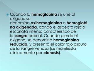   Cuando la hemoglobina se une al
    oxígeno se
    denomina oxihemoglobina o hemoglobi
    na oxigenada, dando el aspecto rojo o
    escarlata intenso característico de
    la sangre arterial. Cuando pierde el
    oxígeno, se denomina hemoglobina
    reducida, y presenta el color rojo oscuro
    de la sangre venosa (se manifiesta
    clínicamente por cianosis).
 