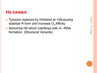 HB RAINIER
 Tyrosine replaced by Histidine at 145causing
stabilize R form and increase O2 Affinity
 Abnormal Hb which interferes with m –RNA
formation (Structural Variants)
4/10/2021
Dr.
V.P.Shah
 