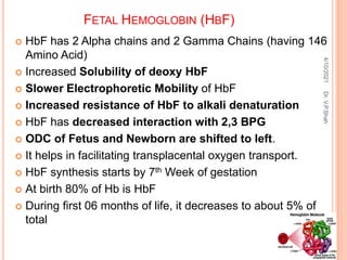 FETAL HEMOGLOBIN (HBF)
 HbF has 2 Alpha chains and 2 Gamma Chains (having 146
Amino Acid)
 Increased Solubility of deoxy HbF
 Slower Electrophoretic Mobility of HbF
 Increased resistance of HbF to alkali denaturation
 HbF has decreased interaction with 2,3 BPG
 ODC of Fetus and Newborn are shifted to left.
 It helps in facilitating transplacental oxygen transport.
 HbF synthesis starts by 7th Week of gestation
 At birth 80% of Hb is HbF
 During first 06 months of life, it decreases to about 5% of
total
4/10/2021
Dr.
V.P.Shah
 