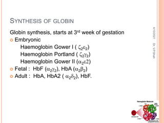 Globin synthesis, starts at 3rd week of gestation
 Embryonic
Haemoglobin Gower I ( z2e2)
Haemoglobin Portland ( z2g2)
Haemoglobin Gower II (a2e2)
 Fetal : HbF (a2g2), HbA (a2b2)
 Adult : HbA, HbA2 ( a2d2), HbF.
SYNTHESIS OF GLOBIN
4/10/2021
Dr.
V.P.Shah
 