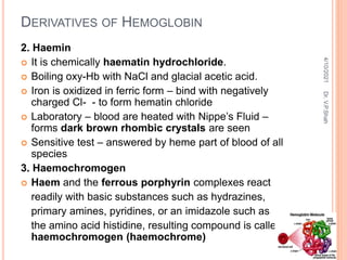 DERIVATIVES OF HEMOGLOBIN
2. Haemin
 It is chemically haematin hydrochloride.
 Boiling oxy-Hb with NaCl and glacial acetic acid.
 Iron is oxidized in ferric form – bind with negatively
charged Cl- - to form hematin chloride
 Laboratory – blood are heated with Nippe’s Fluid –
forms dark brown rhombic crystals are seen
 Sensitive test – answered by heme part of blood of all
species
3. Haemochromogen
 Haem and the ferrous porphyrin complexes react
readily with basic substances such as hydrazines,
primary amines, pyridines, or an imidazole such as
the amino acid histidine, resulting compound is called a
haemochromogen (haemochrome)
4/10/2021
Dr.
V.P.Shah
 