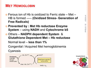 MET HEMOGLOBIN
 Ferous ion of Hb is oxidized to Ferric state – Met –
HB is formed ----- (Oxidized Stress- Generation of
Free Radicals)
 Prevented by : Met Hb reductase Enzyme
System – using NADH and Cytochrome b5
 Others – NADPH dependent System &
Glutathione Dependent Met – Hb reductase
Normal level – less than 1%
Congenital / Acquired Met hemoglobinemia
Cyanosis
4/10/2021
Dr.
V.P.Shah
 